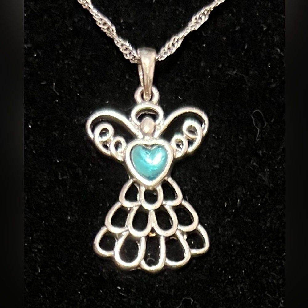 Vintage Avon Angel Wing Necklace Jewelry Pendant Blue Stone Heart Birthstone
